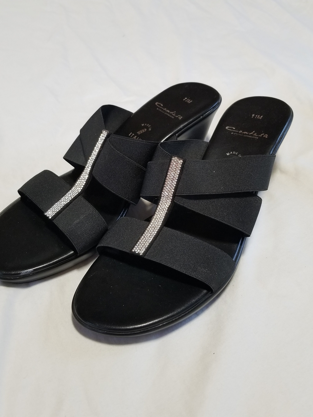 Contessa Size 11 Black Wedge Sandals Made in Italy Rhinestone Detail